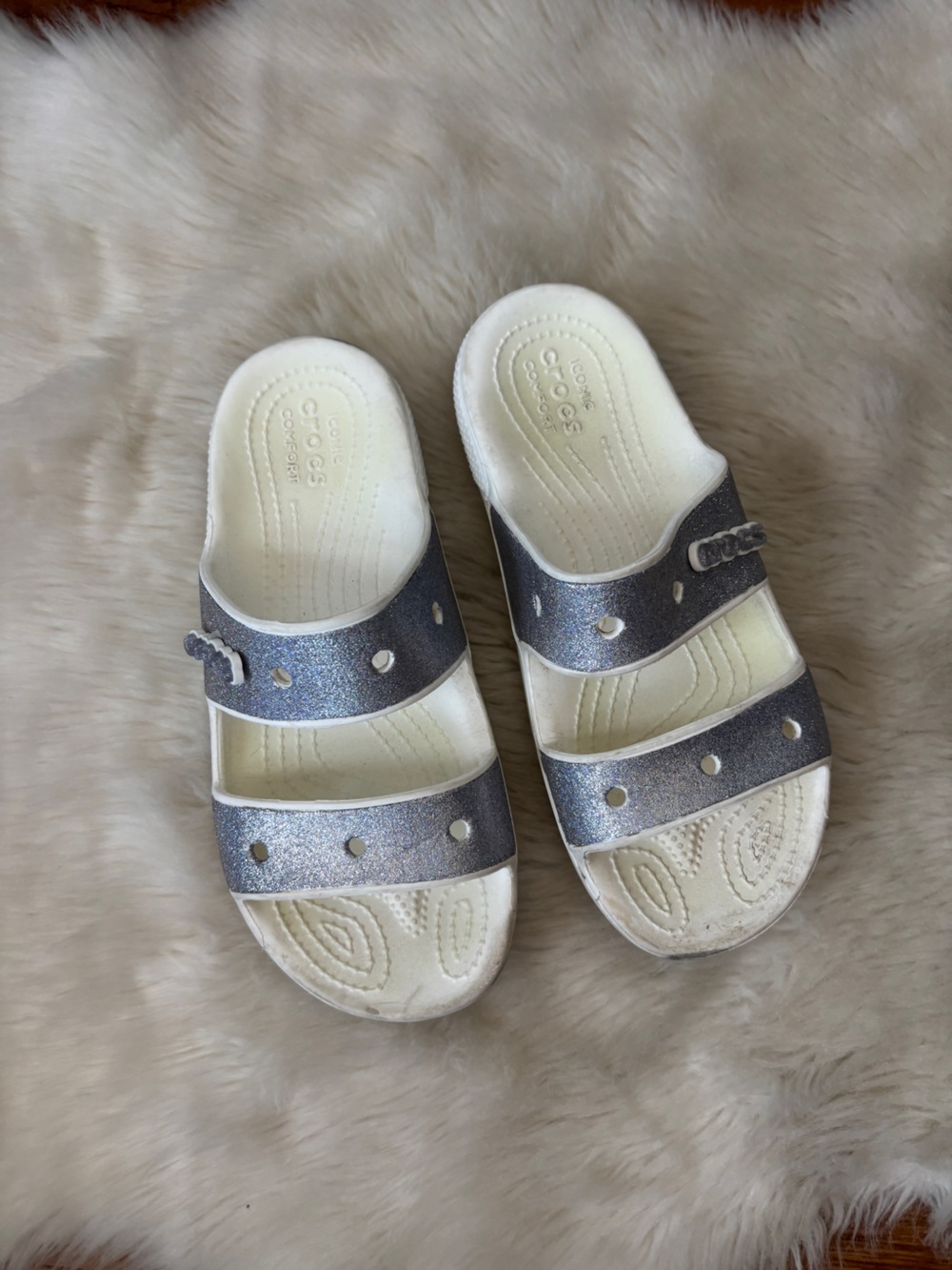 Iconic CROCS Comfort Silver Sparkle Glitter and White  Sandals